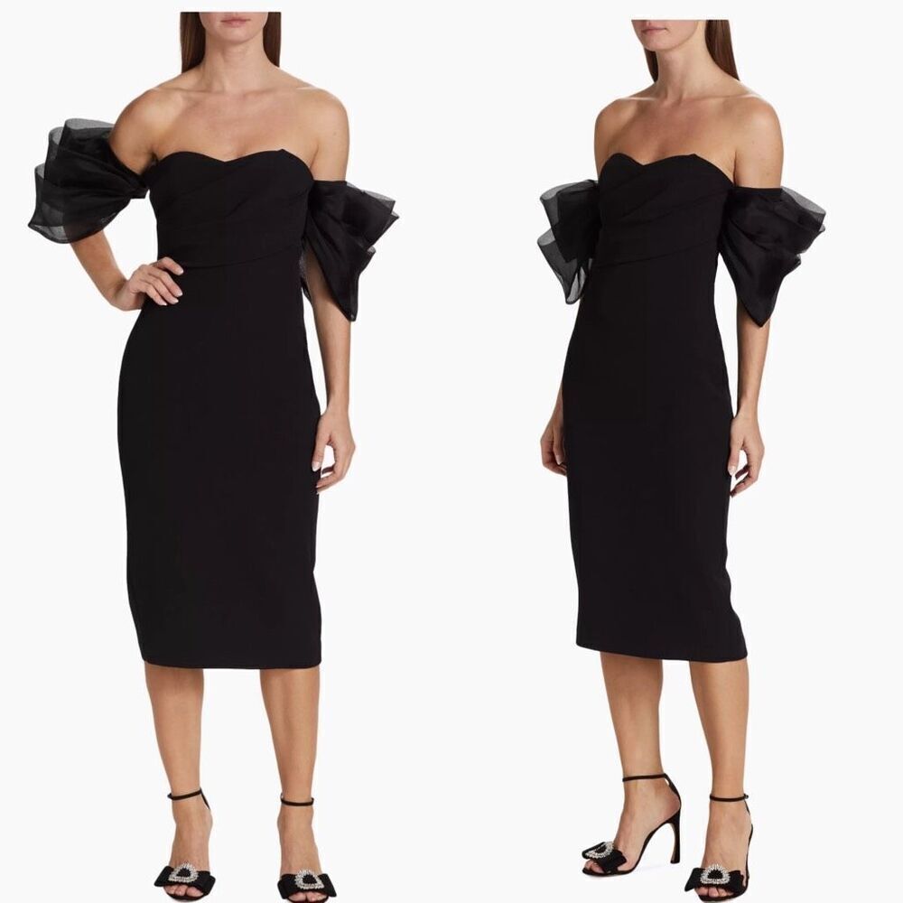 Badgley Mischka Organza Puff-Sleeve Cocktail Midi-Dress Size 10 - Picture 2 of 11